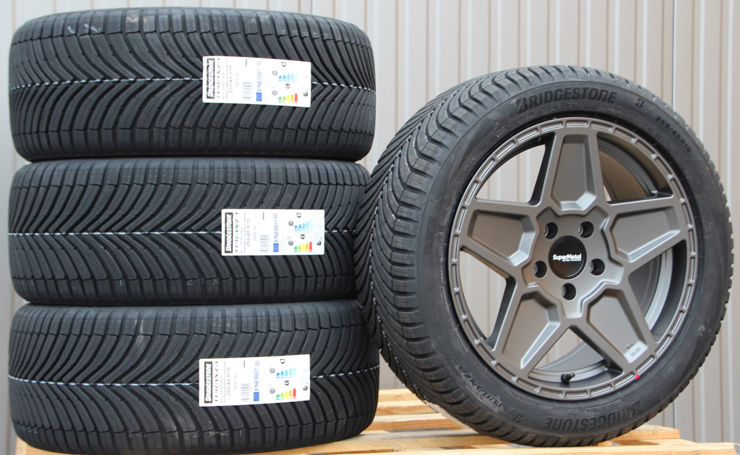 Satz Räder Alufelgen Supermetal Rocket 18 Zoll matt grey + Bridgestone Allwetterreifen – Bild 2